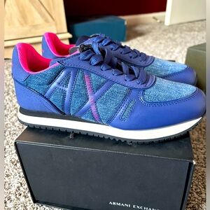 NEW Armani Exchange Blue Denim and Pink Sneakers - Size 5.5